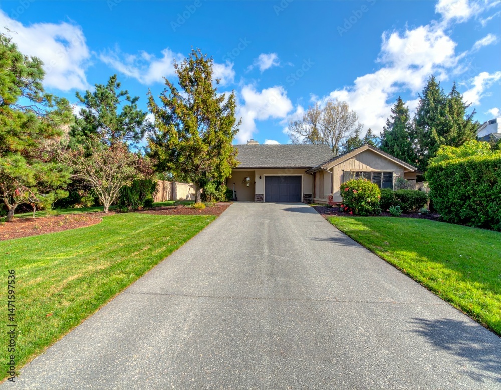 Fototapeta premium Beautiful Single-Story House Surrounded by Lush Greenery and Trees