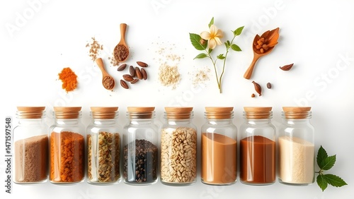 set of glass bottles filled with different spices and herbs