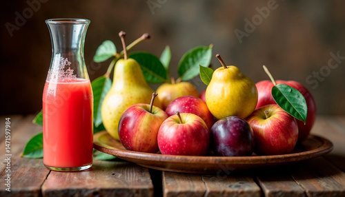 Freshly squeezed fruit juice from apples, pears and plums in a rustic setting, healthy eating concept.