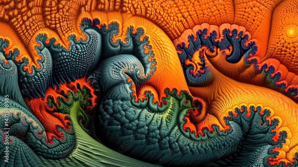 Obraz premium Vivid fractal art showcasing swirling, organic forms in teal, orange, and green hues