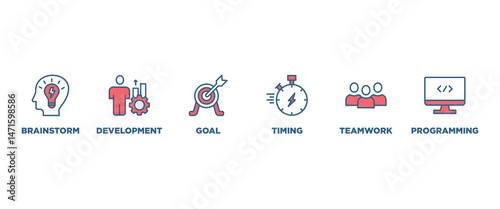 Hackathon banner web icon vector illustration concept for design sprint-like social coding event with icon of brainstorm, development, programming, timing, speed, teamwork, and goal