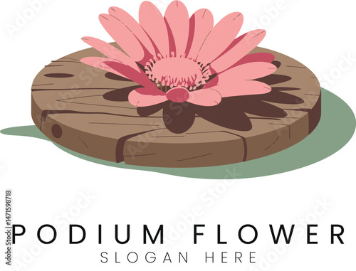 Elegant Pink Flower on Wooden Podium Design Illustration art logo icon flat cute bloom    