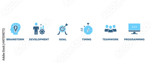 Hackathon banner web icon vector illustration concept for design sprint-like social coding event with icon of brainstorm, development, programming, timing, speed, teamwork, and goal