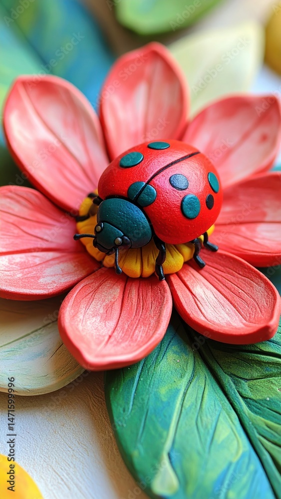 Fototapeta premium Colorful ladybug resting on a vibrant flower with green leaves