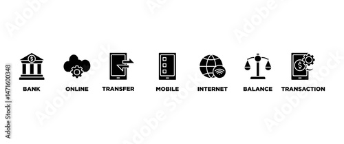 Online banking banner web icon vector illustration concept with icon of account, online payment, transfer funds, mobile banking, internet banking, balance check, transaction report, global transfer