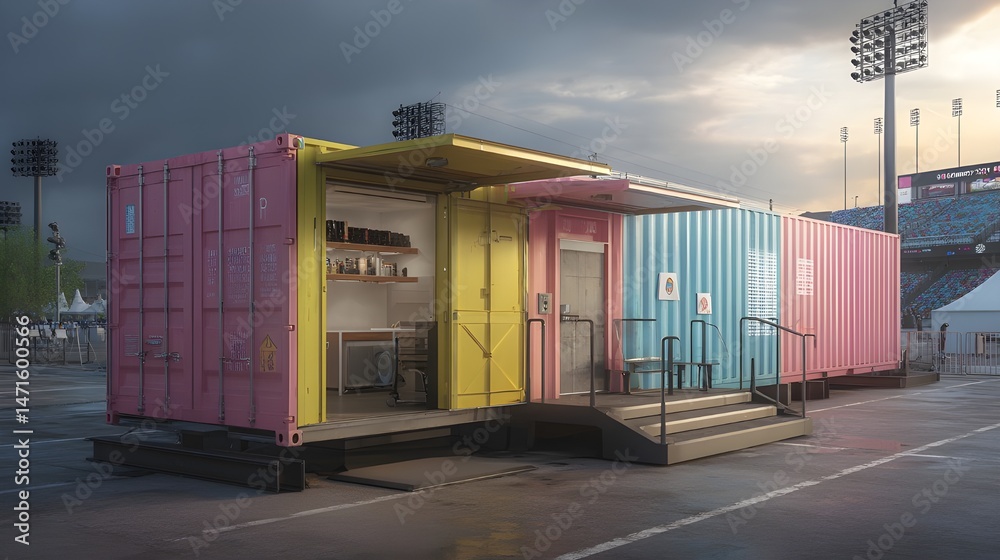 Naklejka premium Shield Stadium Operations with Colorful Backup Storage Containers Offering Secure Scalable Energy Management Systems Solutions