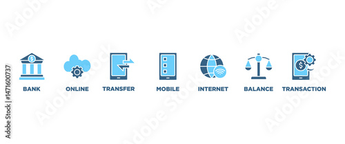 Online banking banner web icon vector illustration concept with icon of account, online payment, transfer funds, mobile banking, internet banking, balance check, transaction report, global transfer