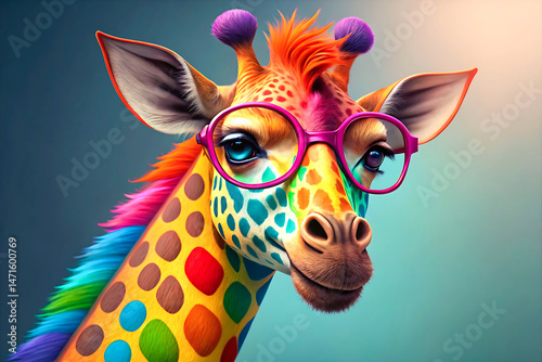Colorful giraffe wearing pink glasses and smiling on a teal background portrait illustration