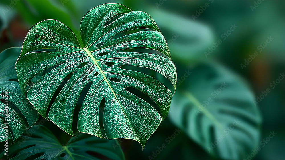 Fototapeta premium Lush Monstera leaves in soft sunlight, tropical greenery thriving in nature's embrace