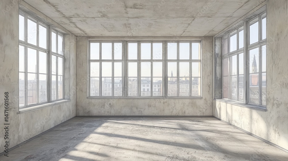 Obraz premium Empty interior room with large windows and city view.