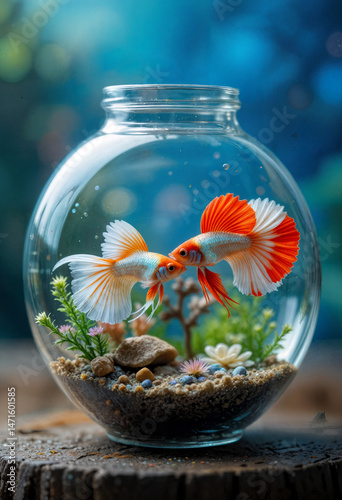 A captivating close-up of two betta fish, with vibrant orange and white fins, residing in a clear glass sphere terrarium.