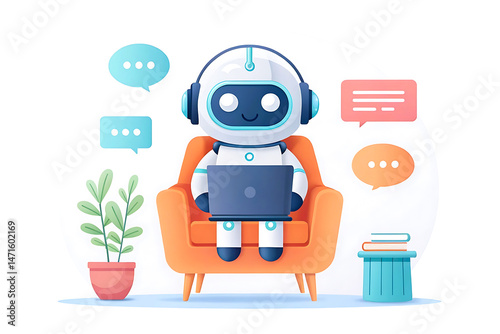 Cute cartoon robot sitting on a cozy armchair using a laptop and chatting online