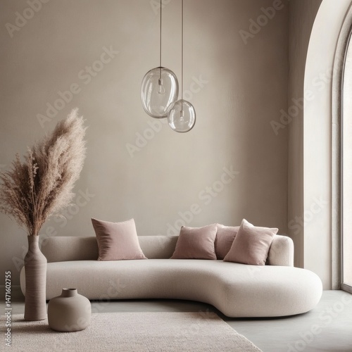 Loft home interior design of modern living room. beige sofa with terra cotta pillows against arched window near stucco wall with copy space.
 photo