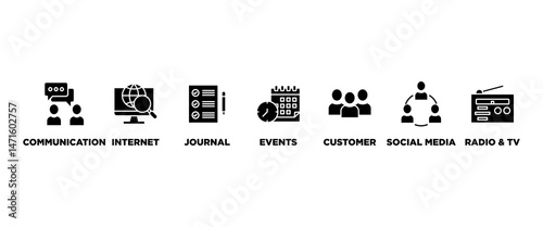 Public relations - pr banner web icon vector illustration concept with icon of communication, internet, journal, events, radio, tv, social media, and customer