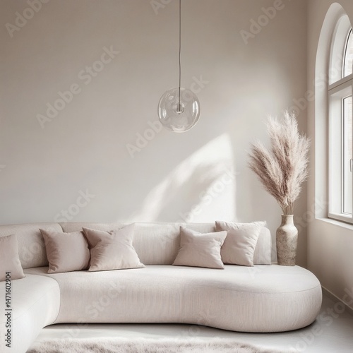 Loft home interior design of modern living room. beige sofa with terra cotta pillows against arched window near stucco wall with copy space.
 photo