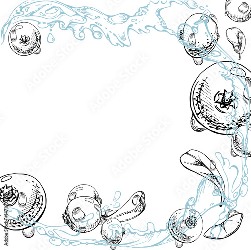 Cranberry lingonberry flying in water splash with green leaves and drops, ripe forest berry bearberry teaberry vector hand drawn in ink. Isolated square corner frame for cafe menu, farmers market