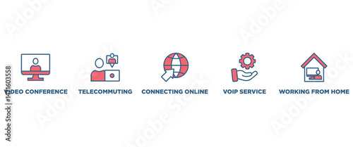 Remote working banner web icon vector illustration concept for working at home with icon of video conference, telecommuting, connecting online, voip, and working from home