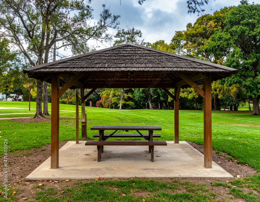 Rustic Outdoor Shelter with Wooden Picnic Table in Green Park Setting Rustic Outdoor Shelter with Wooden Picnic Table in Green Park Setting
