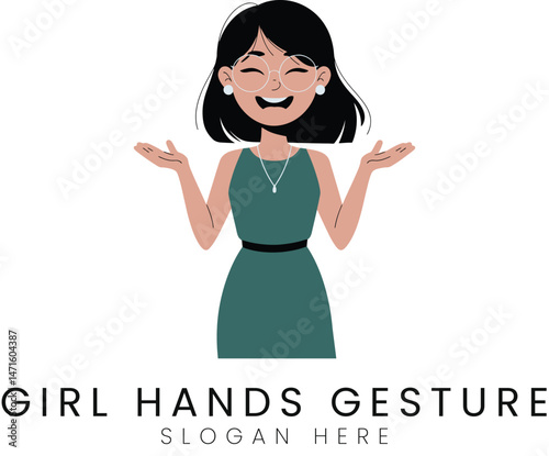 Happy Girl Open Hands Gesture Teal Dress Illustration art flat icon body woman young style