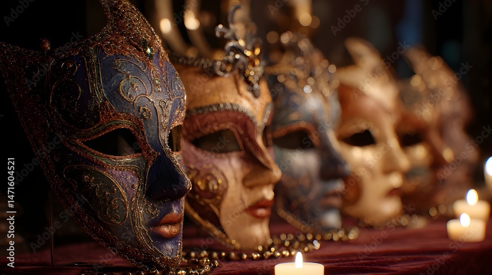 Admire a line of carnival masks displayed on velvet capturing vibrant colors and playful carnival spirit Admire a line of carnival masks displayed on velvet capturing vibrant colors and playful carnival spirit