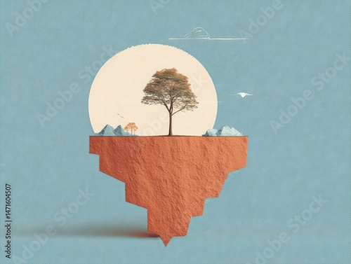 A minimalist composition of a single tree growing atop a  island in the air
