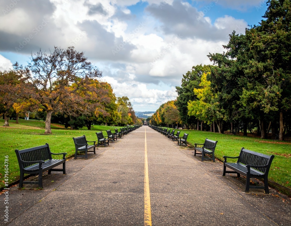 Fototapeta premium Serene Park Path with Benches and Vibrant Autumn Foliage