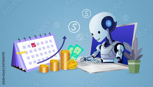 Robot planning with calendar and coins
AI robot planning finance with calendar and coins. Budget planning, technology finance