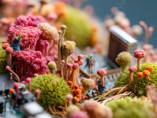 ultra close-up view of a mycellium tiny world taking place on a old broken obsolet personal computer
