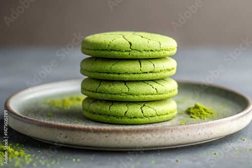 Stacked Matcha Green Tea Cookies on Ceramic Plate with Powder Dust