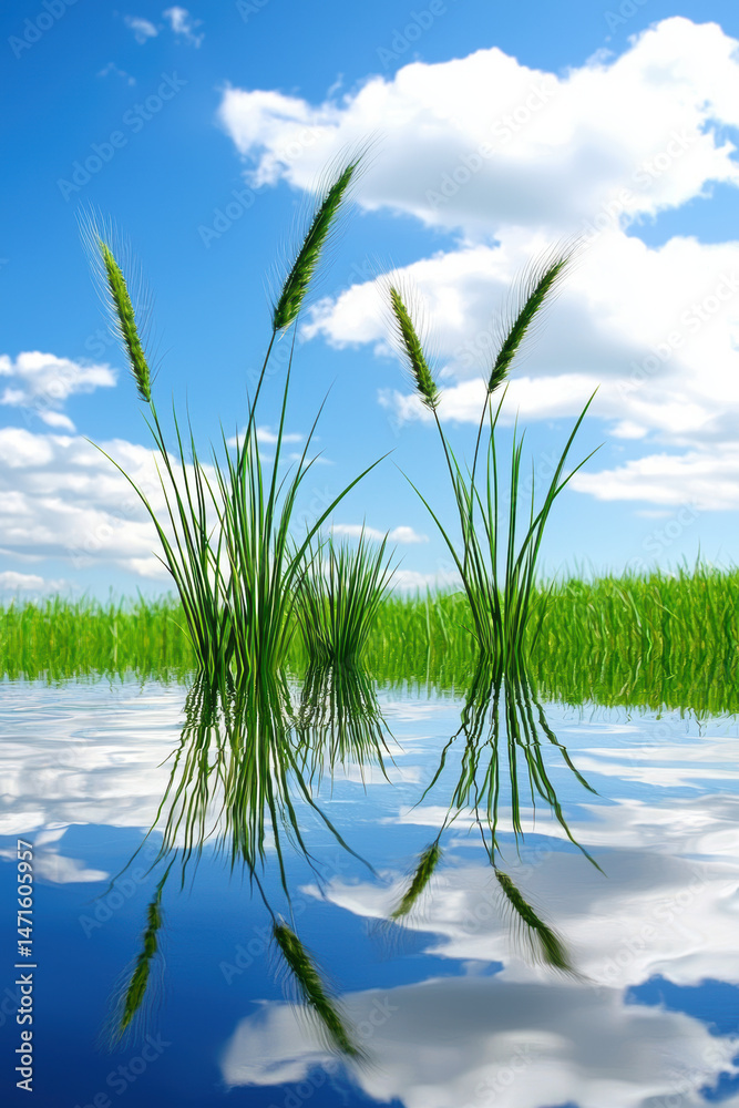 Fototapeta premium Green grass and wheat stalks reflecting in clear water under blue sky with clouds, peaceful natural landscape