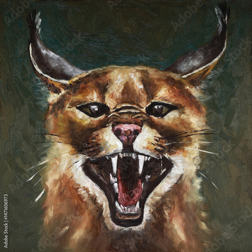 Aggressive Caracal Cat Oil Painting with Open Mouth and Fangs