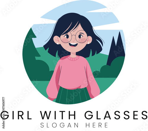 Happy Girl Wearing Glasses Outdoor Nature Scene Illustration art kid cute park pink icon  