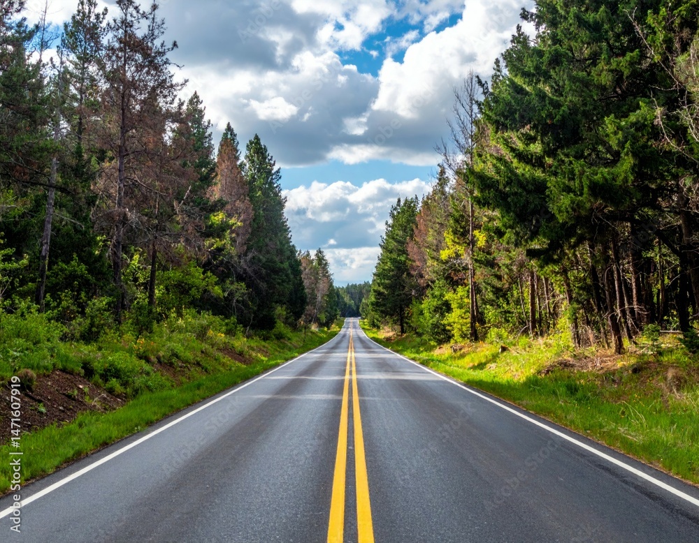 Fototapeta premium Serene Highway Surrounded by Lush Green Trees and Blue Sky