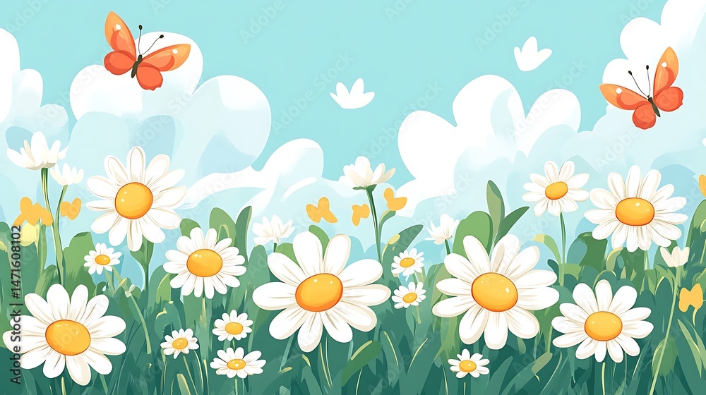 Obraz premium Spring daisies with butterflies, and sky.