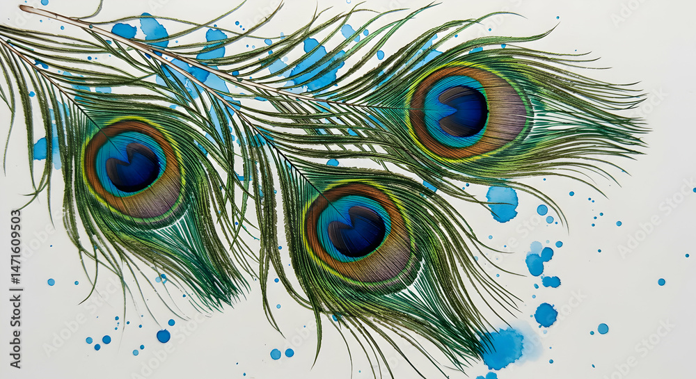 Fototapeta premium Peacock Feathers Art with Blue Paint Splatters on White