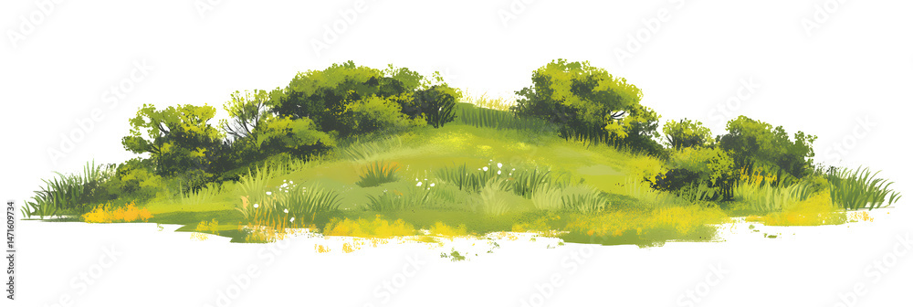 green grassland landscape isolated on white