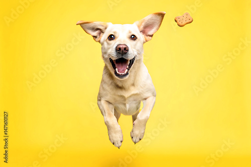 Happy excited dog jumping for a biscuit against a vibrant yellow background