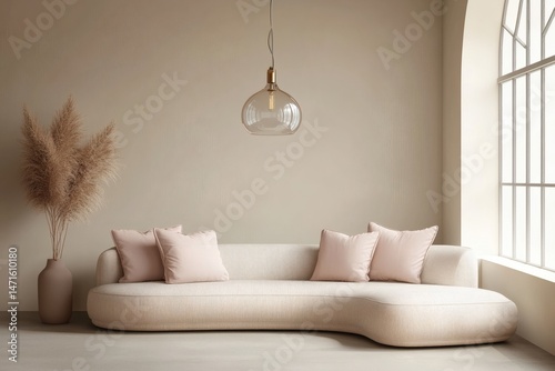 Loft home interior design of modern living room. beige sofa with terra cotta pillows against arched window near stucco wall with copy space.
 photo