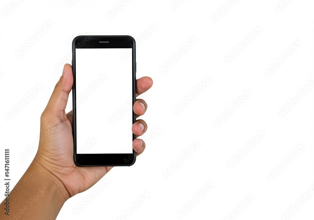 Hand holding a black smartphone with a blank white screen on a white background Hand holding a black smartphone with a blank white screen on a white background