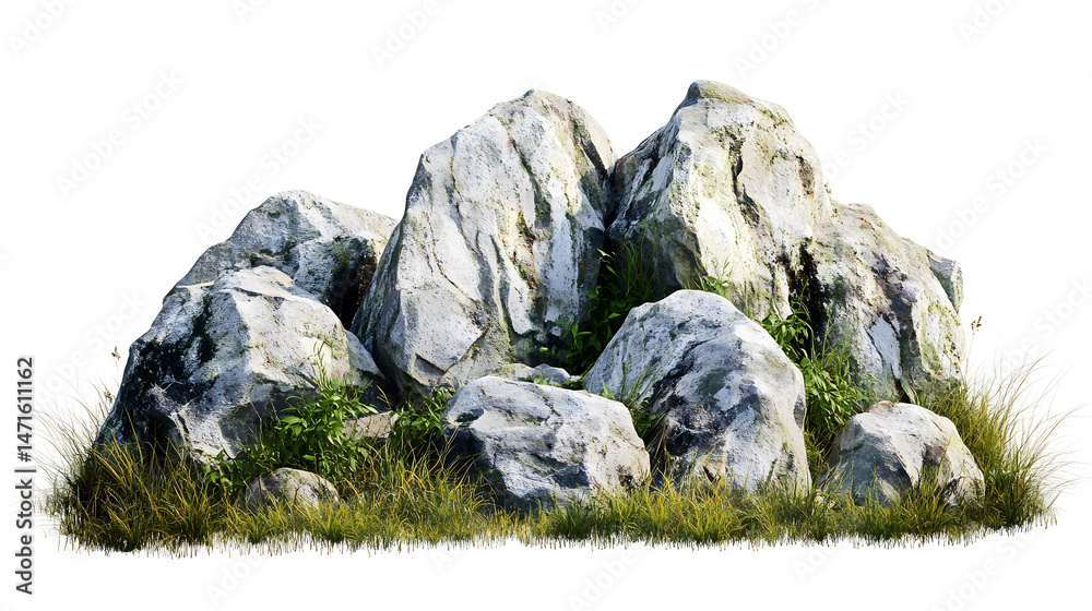 savannah landscape featuring large rocky stone formations with grass isolated on white background. Suitable for marketing or business purposes