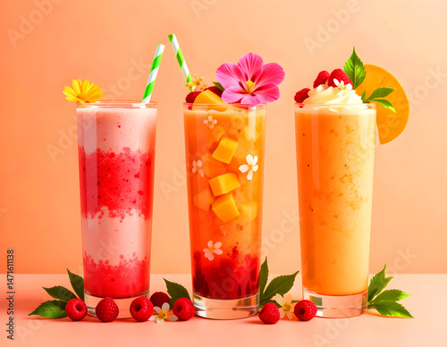 Wallpaper Mural Tropical drinks with colorful summer food, refreshing tropical drinks and colorful summer food, and colorful tropical drinks with flowers and fruits on a gentle pastel background. Torontodigital.ca