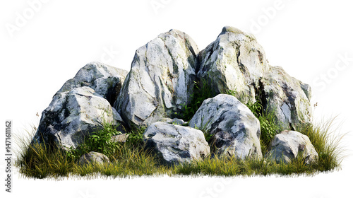 savannah landscape featuring large rocky stone formations with grass isolated on white background. Suitable for marketing or business purposes