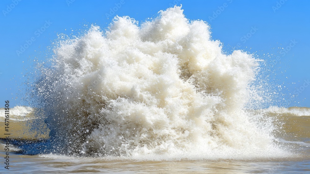 Fototapeta premium A massive, frothy ocean wave explodes against a clear blue sky