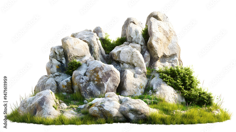 savannah landscape featuring large rocky stone formations with grass isolated on white background. Suitable for marketing or business purposes