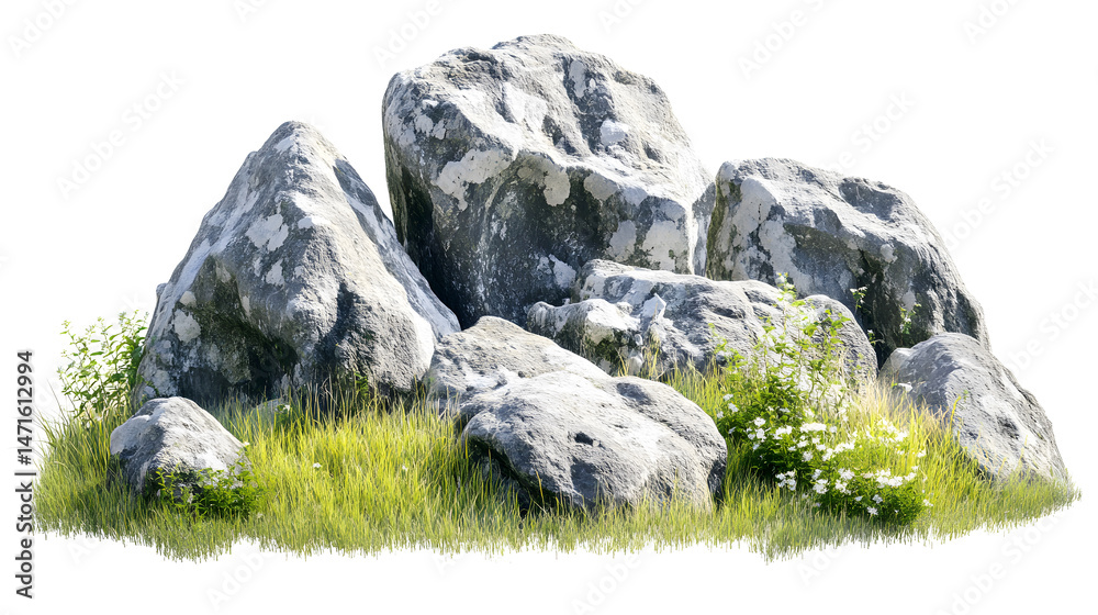 savannah landscape featuring large rocky stone formations with grass isolated on white background. Suitable for marketing or business purposes