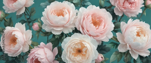 Delicate watercolor roses & peonies, blush pink & teal hues, floral, roses, spring