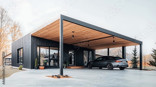Modern home exterior with carport
