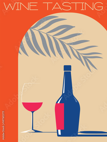 Wine tasting, poster for bar, restaurant, drink party on the beach. Flat illustration wine bottle, glass, merlot, cabernet, pinot noir