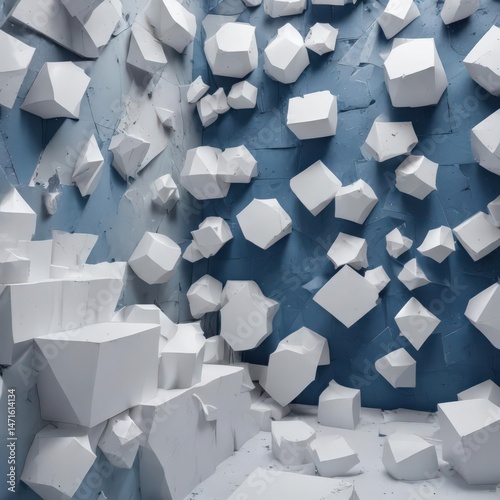 Modern blue textured backdrop  White geometric shapes in layered, random pattern  , contemporary, simple