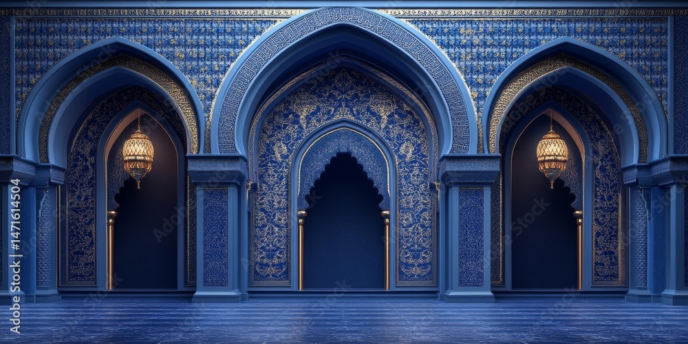 Obraz premium A blue archway with a golden lamp hanging from it